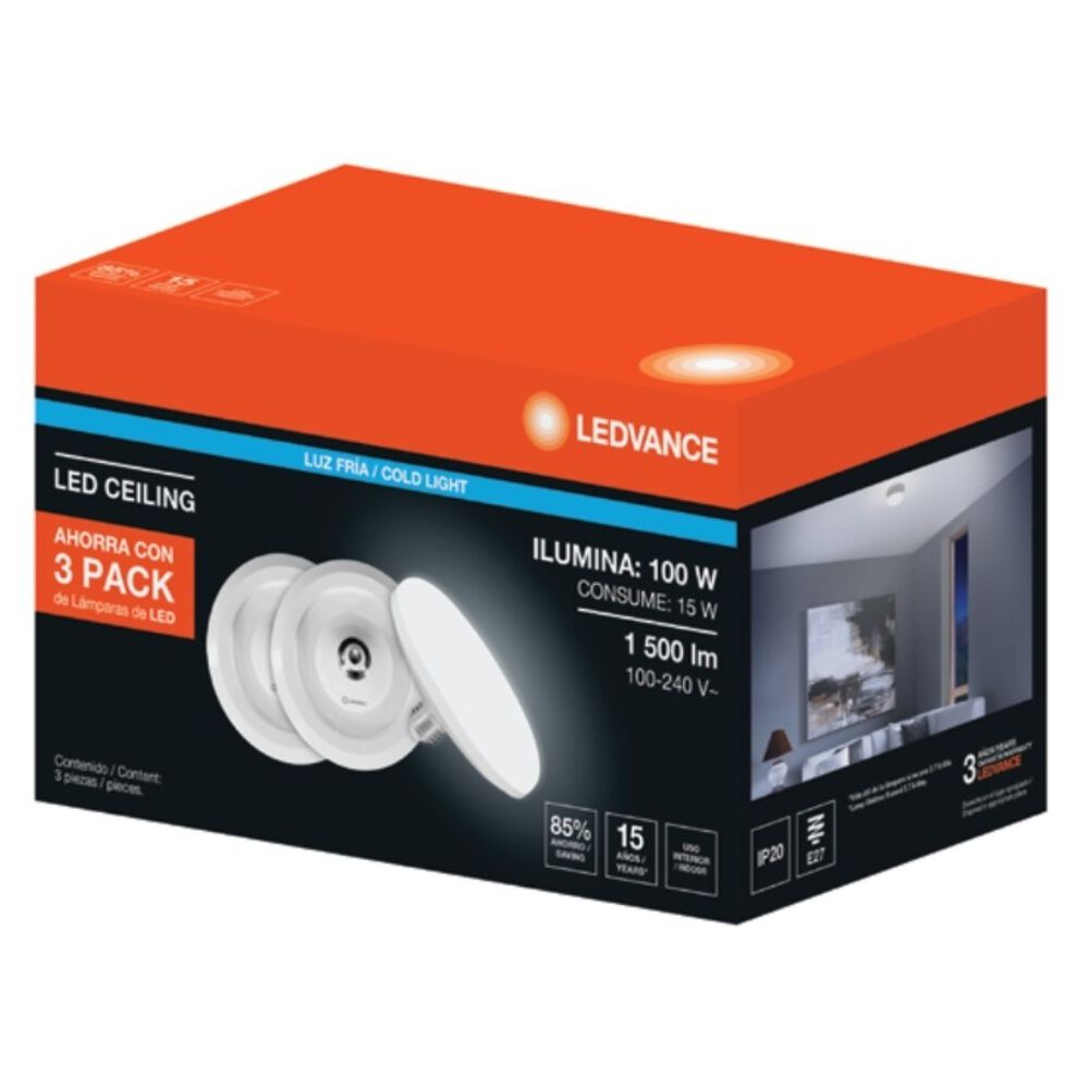 Foco Led Tipo Plaf&oacute;n Luz Fr&iacute;a 15W 3 Pack image number 2