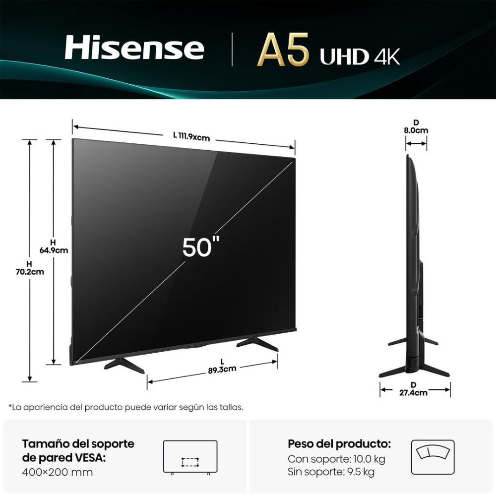 Pantalla 50" Hisense LED VIDAA U9 50A5NV image number 3