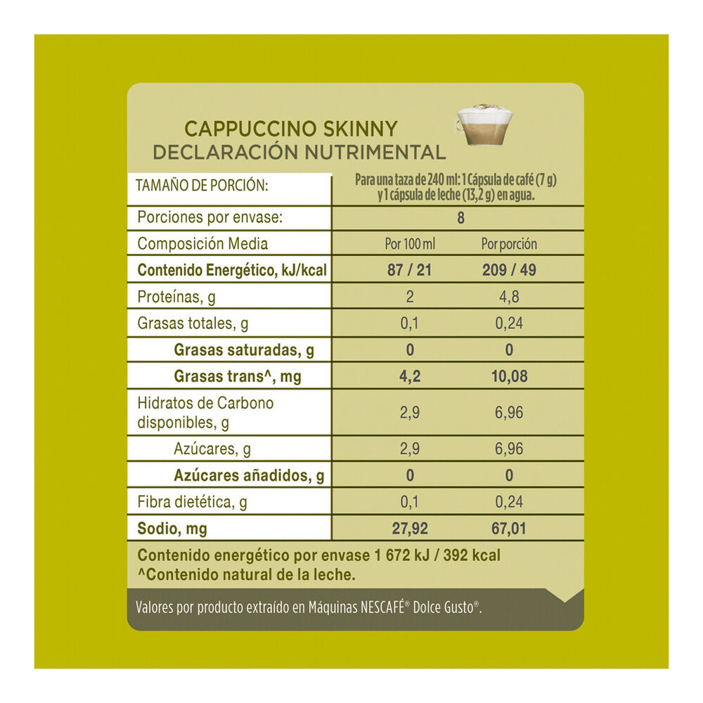 C&aacute;psulas para Caf&eacute; Cappuccino Skinny Nescaf&eacute; Dolce Gusto 48 pzas image number 8