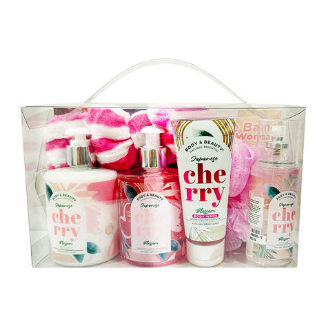 Set Corporal con Crema, Loci&oacute;n, Jabones Aroma Cherry y Accesorios Body & Beauty 6 pz