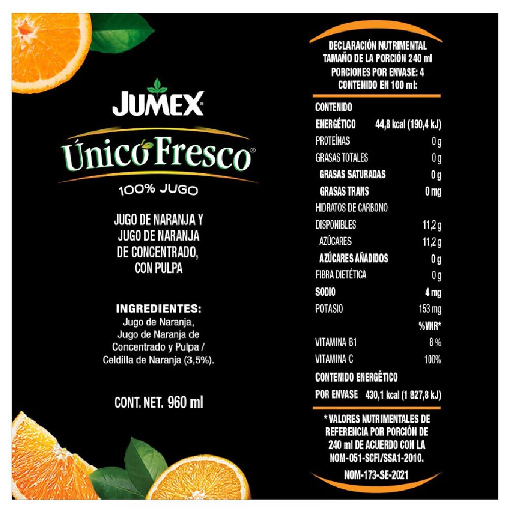 Jugo 100% Natural Sabor Naranja Unicofresco  6/960 ml image number 2