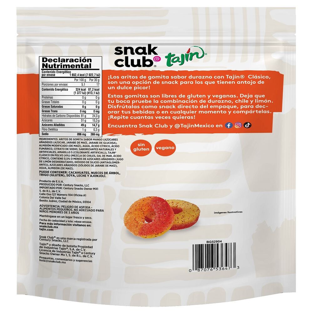 Gomitas Aritos de Durazno con Tajin Snak Club 510 g image number 1