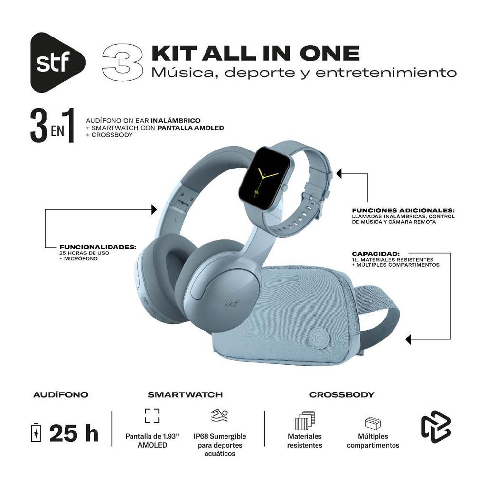 Combo 3 en 1 Aud&iacute;fonos Inal&aacute;mbricos + Smartwatch + Crossbody STF Azul image number 2