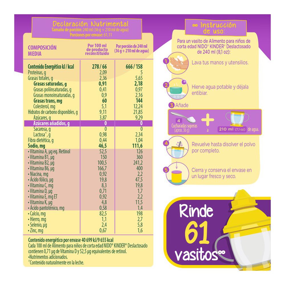 Leche en Polvo Deslactosada Nido K&iacute;nder 2.2 Kg image number 3