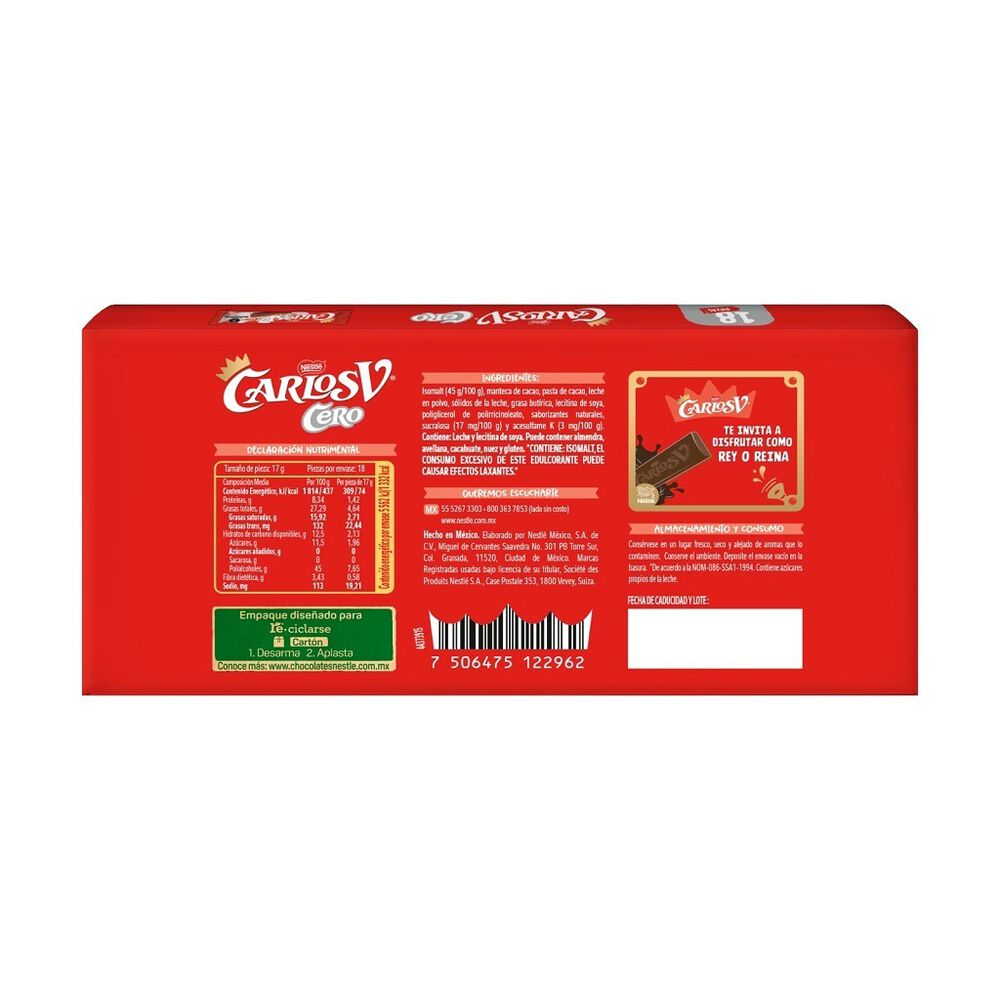 Chocolate en Barra Carlos V Cero 18/17 g image number 1