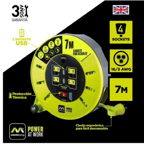 Extensi&oacute;n de Carrete de 7m con 2 puertos USB