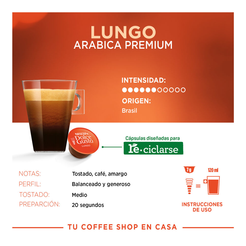 C&aacute;psulas para Caf&eacute; Lungo Nescaf&eacute; Dolce Gusto 48 pzas image number 6