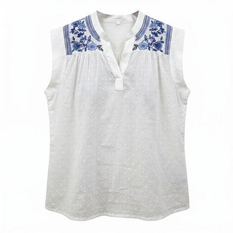 Blusa S/Mangas bordado en hombros blanco/azul CH RC Colecctions