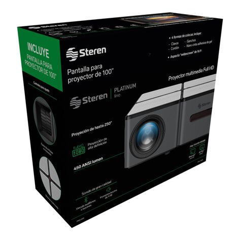 Proyector multimedia Full HD STEREN + pantalla de proyecci&oacute;n